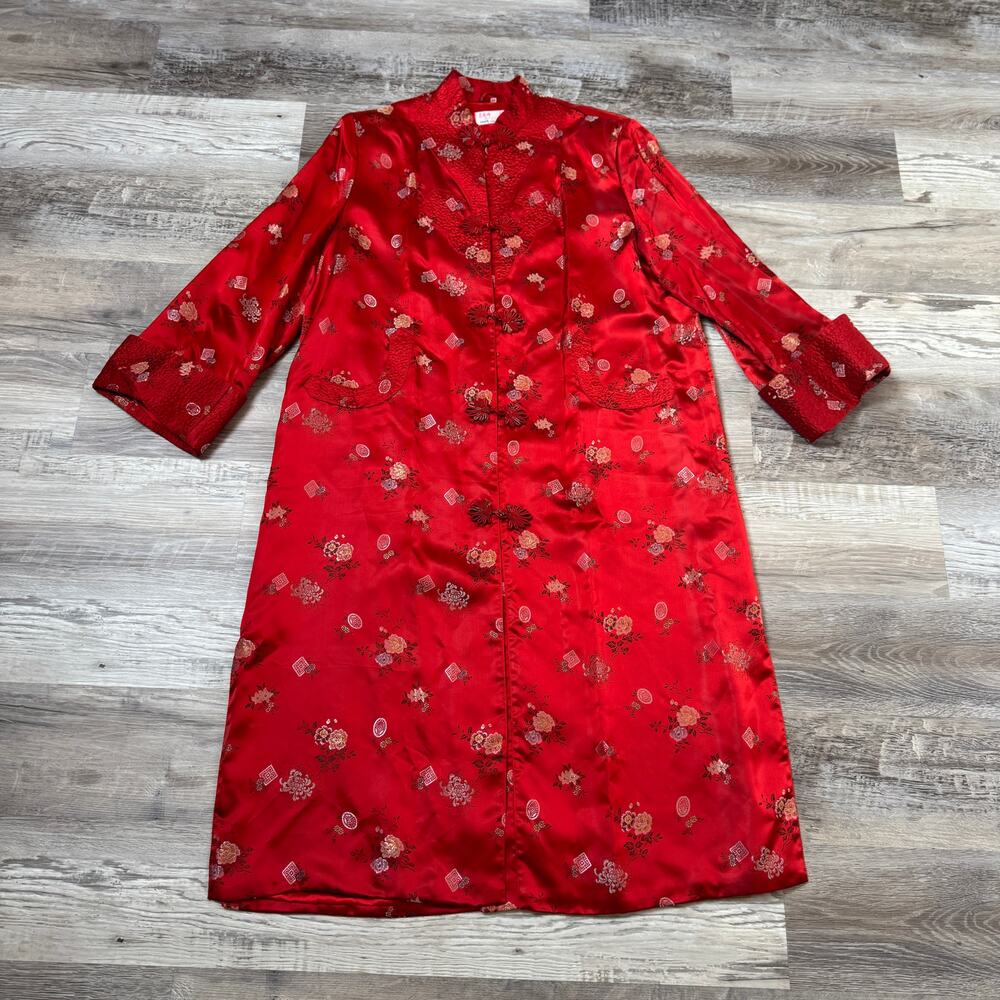 Vintage 50s Chinese Silk Robe Red Chinoiserie Dressing Gown Duster Boudoir Large